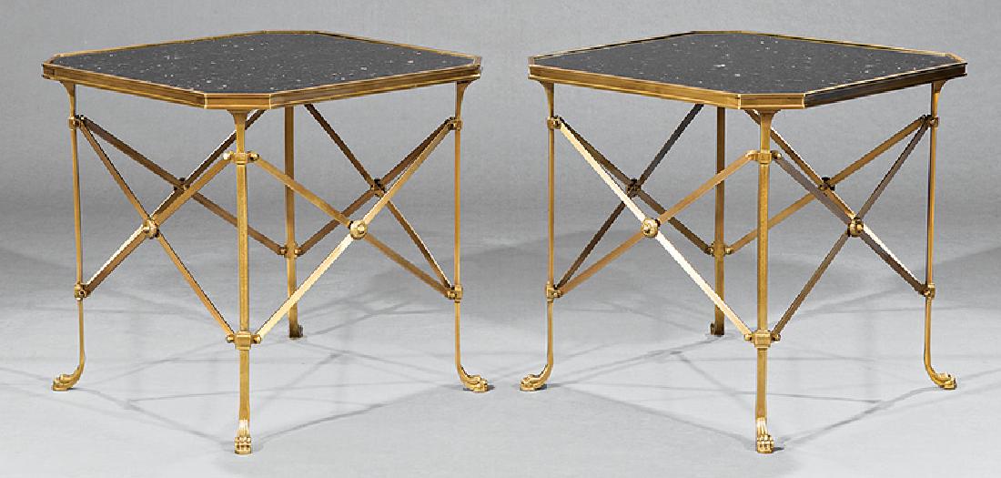 Pair of Neoclassical-Style Gilt Bronze Low Tables: Pair of Neoclassical-Style Gilt Bronze Low Tables, inset granite tops, X-form supports, paw feet, h. 20 in., w. 20 1/2 in., d. 20 1/2 in