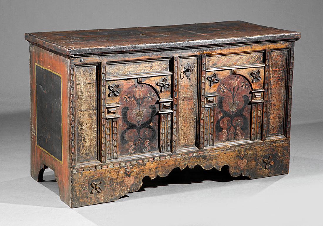 Northern European Carved and Polychromed Dower Chest: Northern European Carved and Polychromed Dower Chest, 18th c., lift top, interior with small drawers and till, chip carved moldings, scalloped base, h. 31 1/2 in., w. 53 in., d. 25 1/2 in
