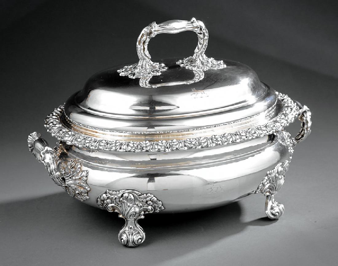 Old Sheffield Plate Crested Tureen: Old Sheffield Plate Crested Tureen, 19th c., acorn and oakleaf handles, scroll feet with acorn and oakleaf brackets, h. 9 3/4 in., w. 13 7/8 in., d. 10 1/4 in