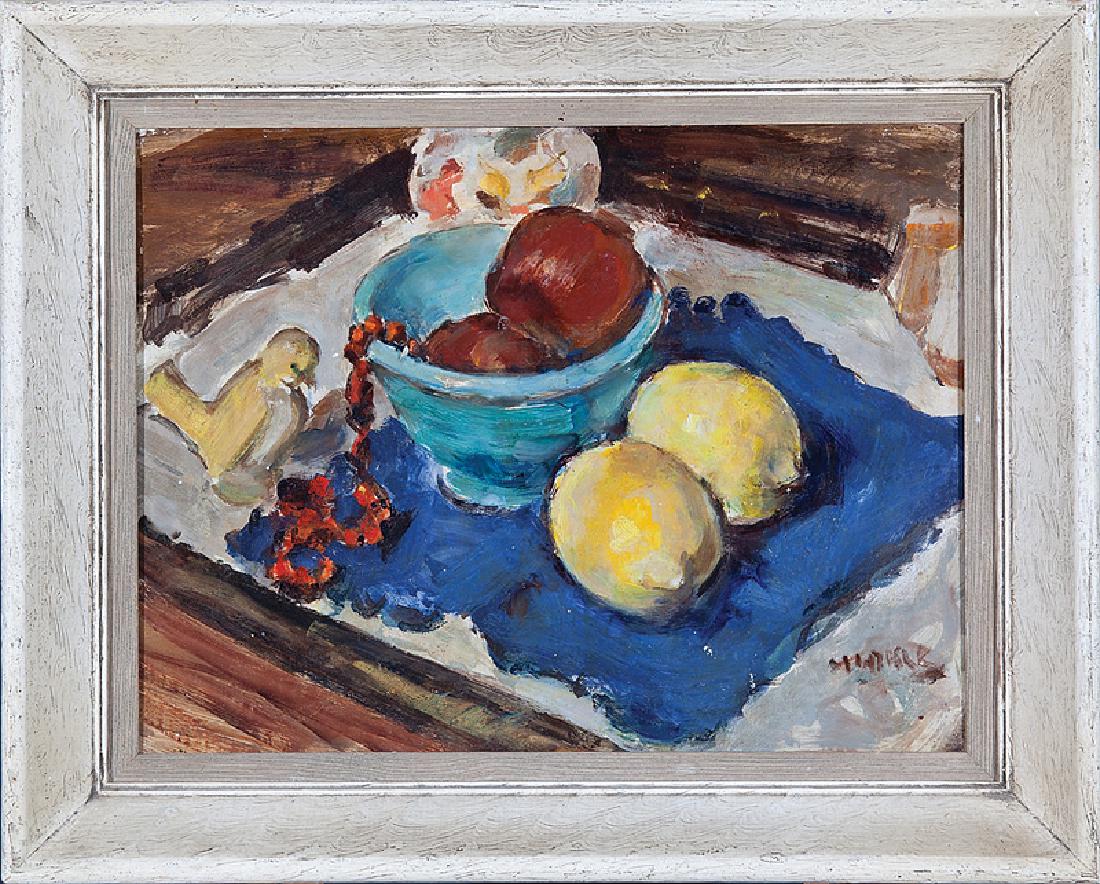 Clarence Keiser Hinkle (American/California, 1880): Clarence Keiser Hinkle (American/California, 1880-1960), "Still Life of Lemons, Bowl of Apples and a Bird", oil on masonite, signed lower right, 10 1/2 in. x 13 3/4 in., period frame