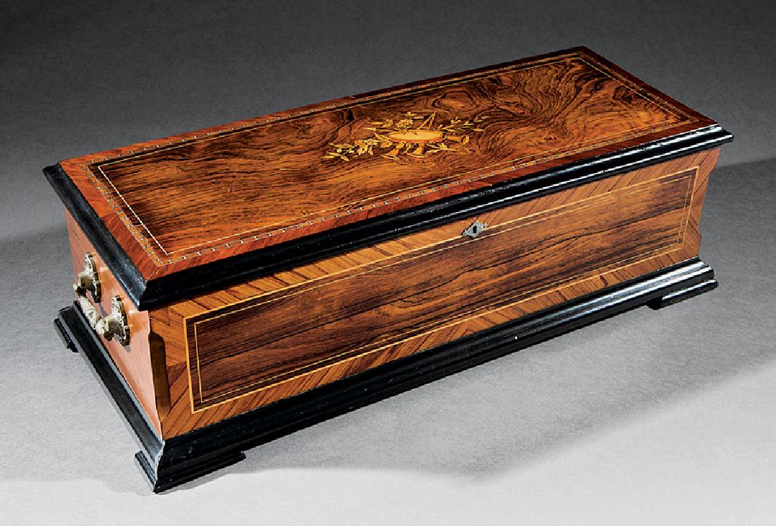 Rosewood Interchangeable Music Box attr Mermod Freres: Fine Swiss Rosewood Interchangeable Music Box with Three Cylinders and Table, c. 1890, attr. to Mermod Freres, mode "Ideal GUITARE", inlaid and ebonized case, crank wind, ret. by Chicago Music Co., co