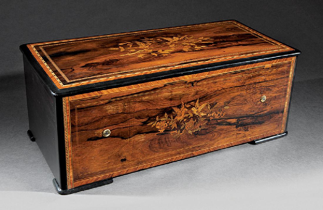 Swiss Inlaid Rosewood Orchestral Music Box: Fine Swiss Inlaid Rosewood Orchestral Music Box with Organ and Six Bells, c. 1890, 10 airs, lever wind, 3 combs, bee-form hammers, box h. 13 in., w. 34 in.,d. 16 1/2 in., later walnut table, total h.