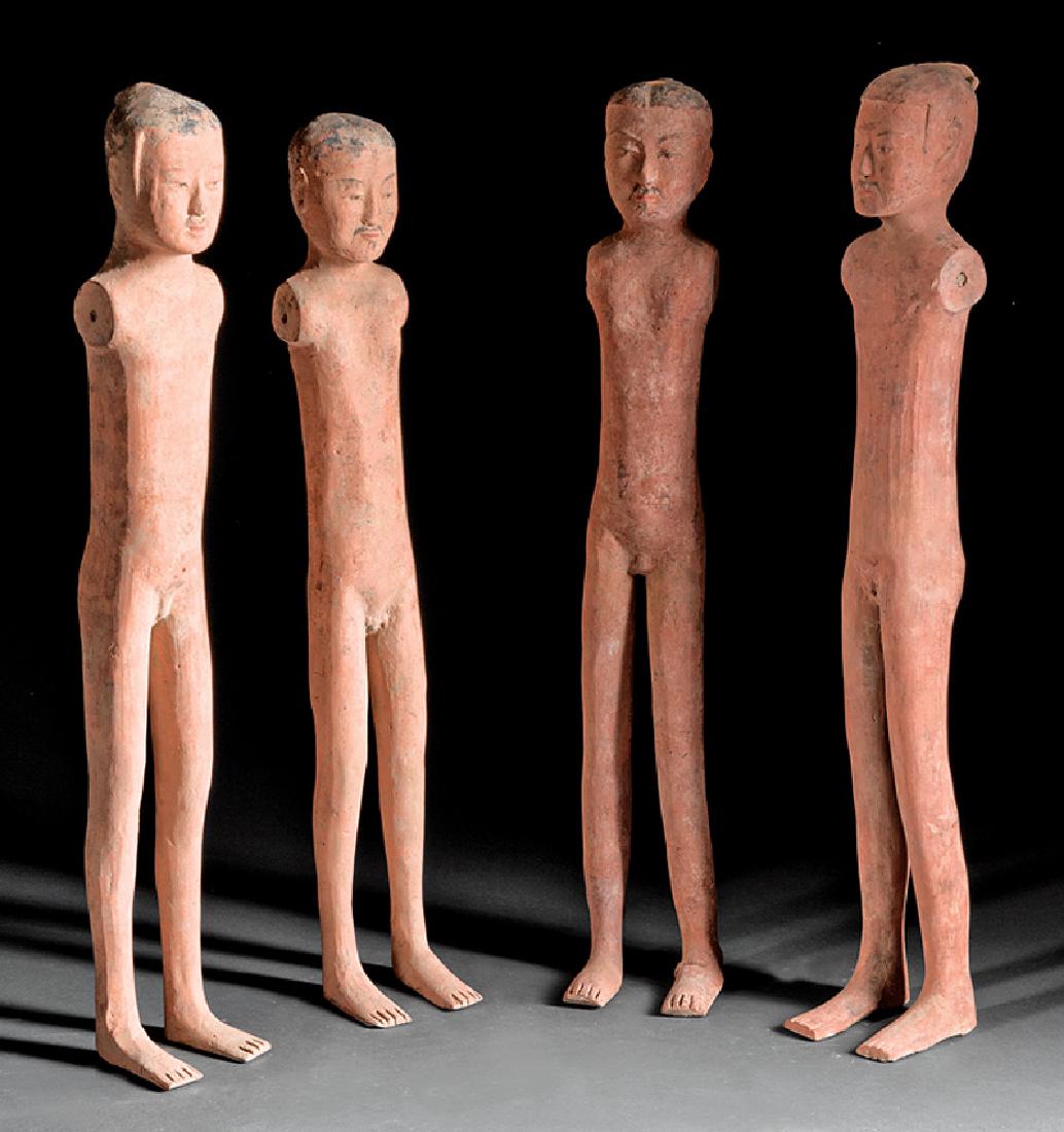 Group of Four Chinese Painted Pottery Attendants: Group of Four Chinese Painted Pottery Attendants, probably Han Dynasty (206 BCE - 220 CE), h. 22 3/4 in. to 23 1/4 in., 3 acrylic stands, tallest overall h. 24 3/8 in
