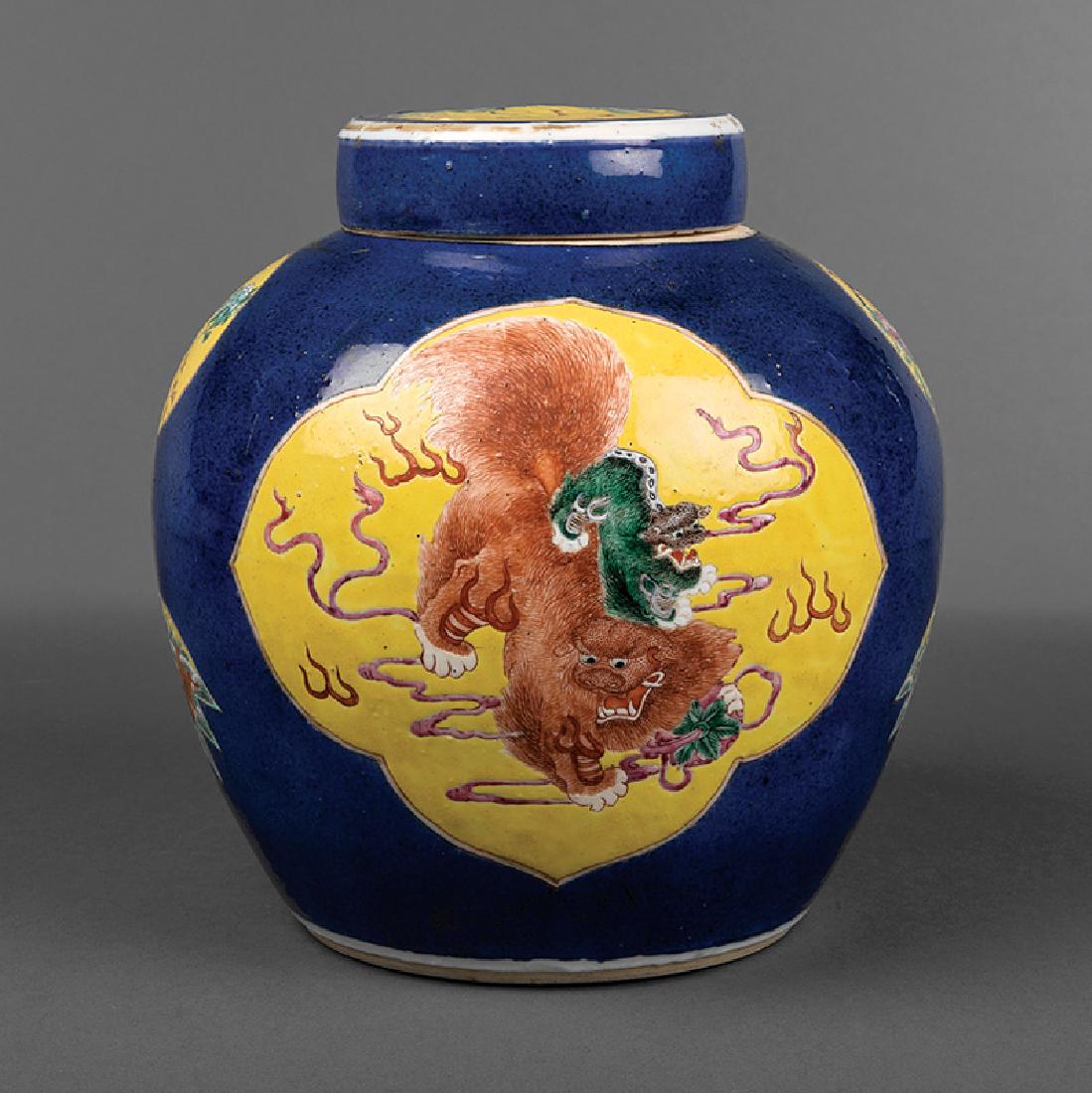 Chinese Famille Rose Decorated Blue-Ground Jar: Chinese Famille Rose Decorated Blue-Ground Covered Jar, probably early 20th c., decorated with Buddhist lions, phoenix, fish and flowers, base with double ring mark, h. 8 3/4 in. Provenance: Garden Di