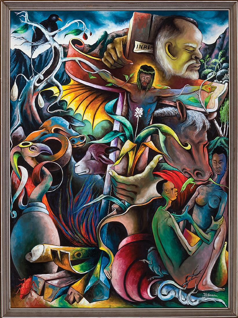 Jacques-Enguerrand Gourgue (Haitian, 1930-1996): Jacques-Enguerrand Gourgue (Haitian, 1930-1996), "The Crucifixion of Jesus Christ with God the Father", oil on masonite, signed lower right, 48 in. x 36 in., framed Provenance: Collection of Angela Gr