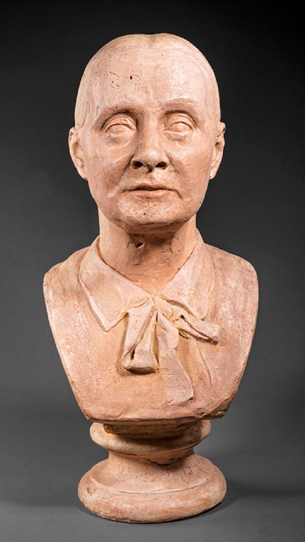 William Woodward (American/New Orleans, 1859-1939): William Woodward (American/New Orleans, 1859-1939), "The Artist's Mother, Maria Carpenter Woodward (1823-1895)", plaster, incised signature on collar, h. 21 in. Note: A rare example of his work in thr
