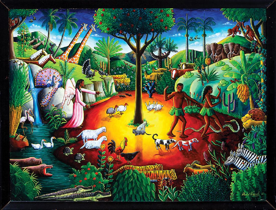 Andre Normil (Haitian, 1934-2014): Andre Normil (Haitian, 1934-2014), "Expulsion of Adam and Eve from the Garden of Eden", 1966, oil on masonite, signed and dated lower right, 30 in. x 40 in., framed Provenance: Collection of Angela Gr