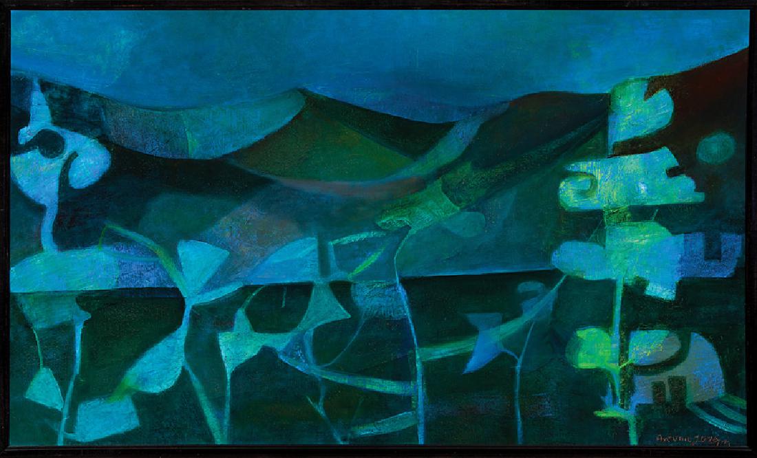 Antonio Joseph (Haitian/Dominican Republic, b.1921): Antonio Joseph (Haitian/Dominican Republic, b. 1921), "Blue and Green Hills", oil on canvas, signed lower right, 24 in. x 40 in., framed Provenance: Collection of Angela Gross, Bernardsville, NJ.