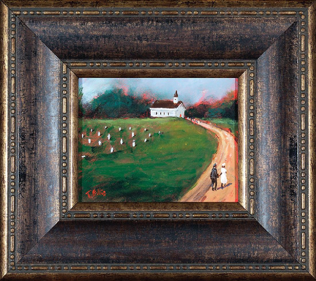 Ted Ellis (American/New Orleans, b. 1963): Ted Ellis (American/New Orleans, b. 1963), "Our Road to Salvation", oil on canvas board, signed lower left, printed artist's biography en verso, 8 in. x 10 in., framed