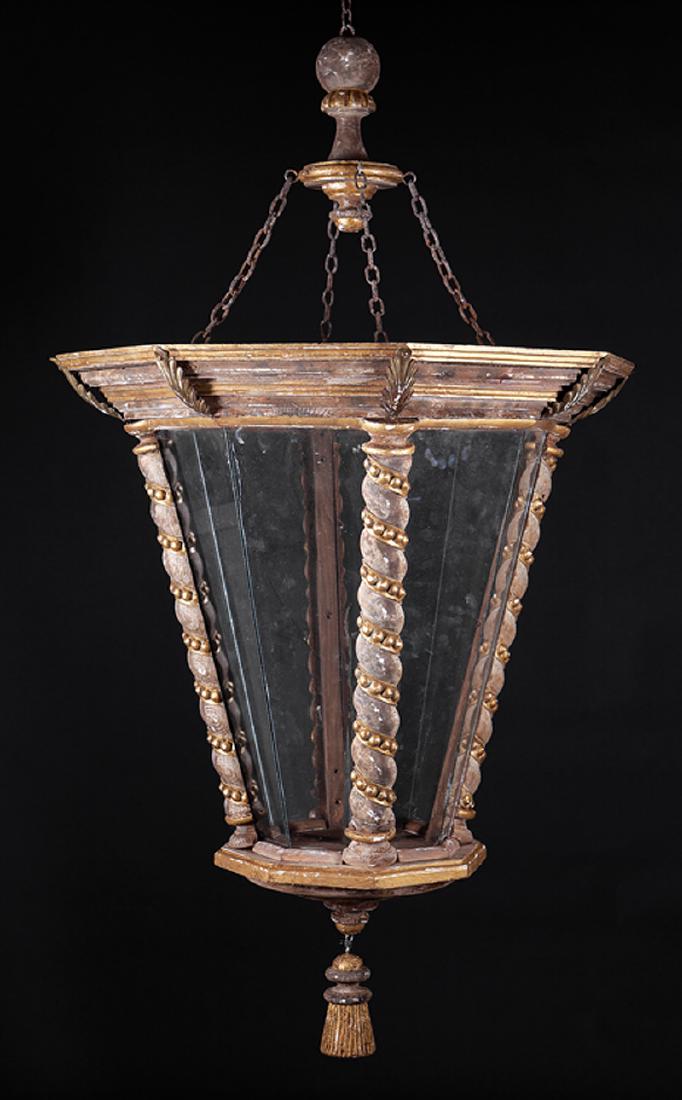 Carved, Gilded and Bronze-Mounted Lantern: Monumental Italian Neoclassical-Style Carved, Gilded and Bronze-Mounted Lantern, octagonal molded crest, turned and beaded supports, tassel pendant, h. 57 in., dia. 34 in