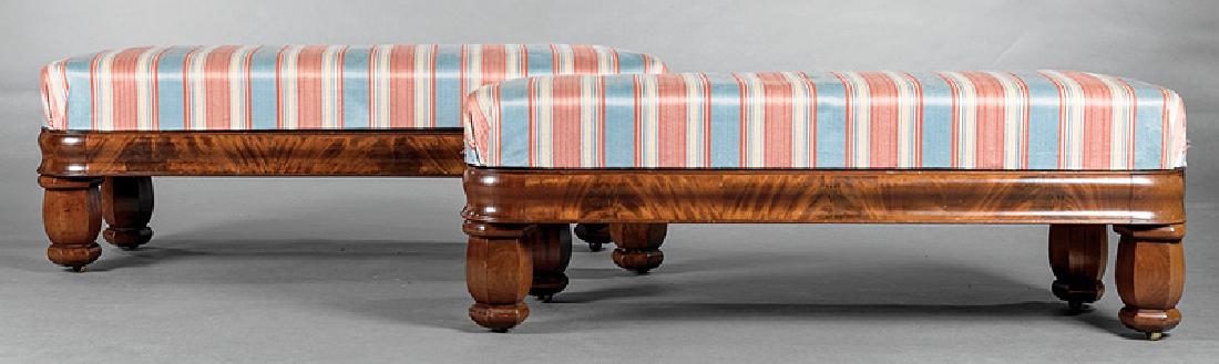 Pair of American Classical Mahogany Window Benches: Pair of American Classical Mahogany Window Benches, early 19th c., Boston, ogee molded rails, hexagonal faceted legs, casters, h. 16 1/2 in., l. 47 1/2 in., d. 15 1/2 in