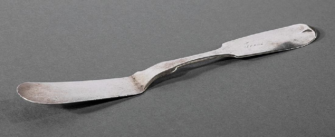 Texas Coin Silver Master Butter Knife, Bahn: Texas Coin Silver Master Butter Knife, Ferdinand S. Adolph Bahn (b. Prussia 1823, d. c. 1901, act. Galveston, TX c. 1850, Austin, Travis County, TX c. 1855-1890), marked "A.BAHN" in incuse, fiddle typ