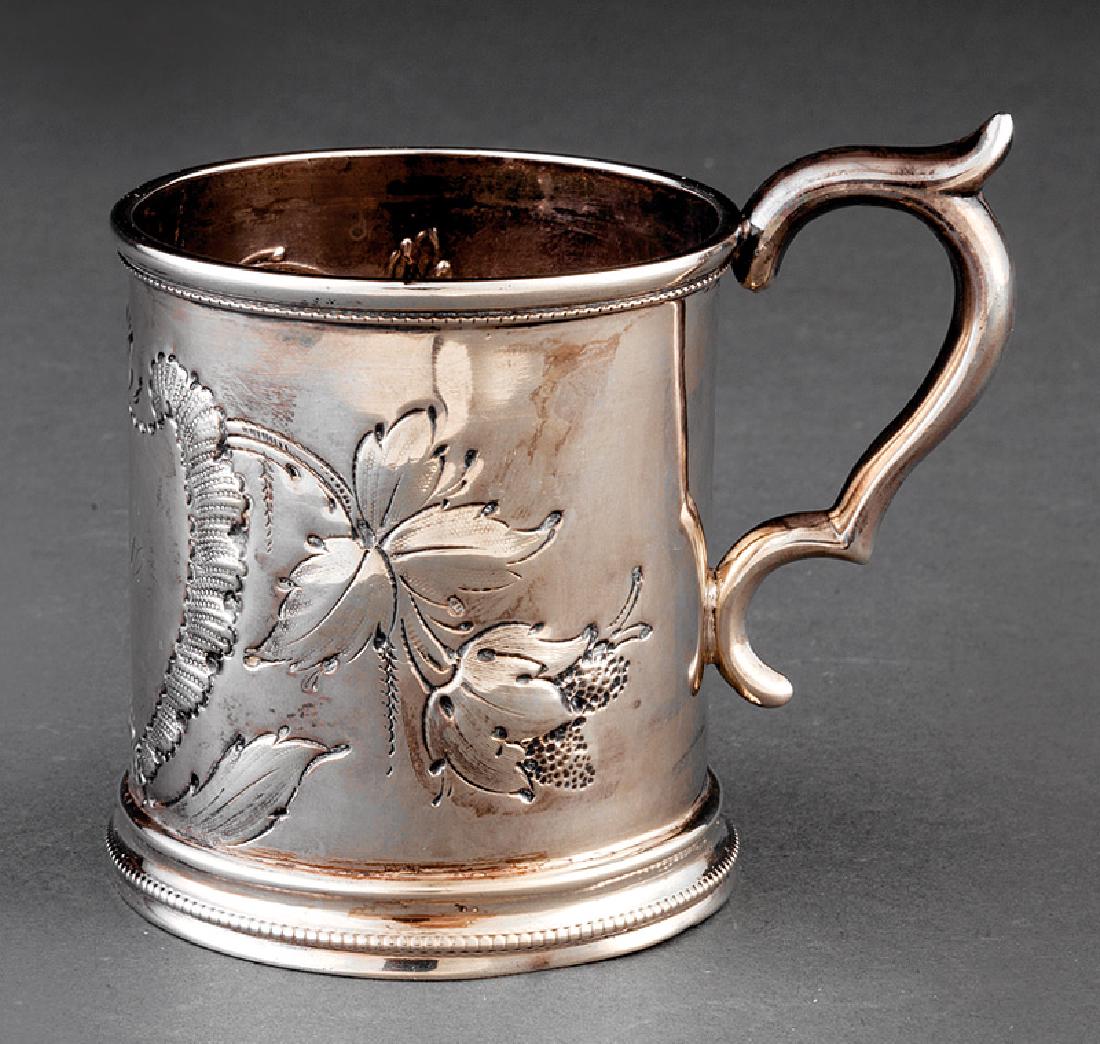 J. & J.W. Moir Coin Silver Repoussé Presentation Cup: American Coin Silver Repoussé Presentation Cup, James & William Moir, New York, act. 1844-1869, marked "J &W. MOIR" in rectangle, seamed construction with molded beaded rims, shield-shaped cartouche 