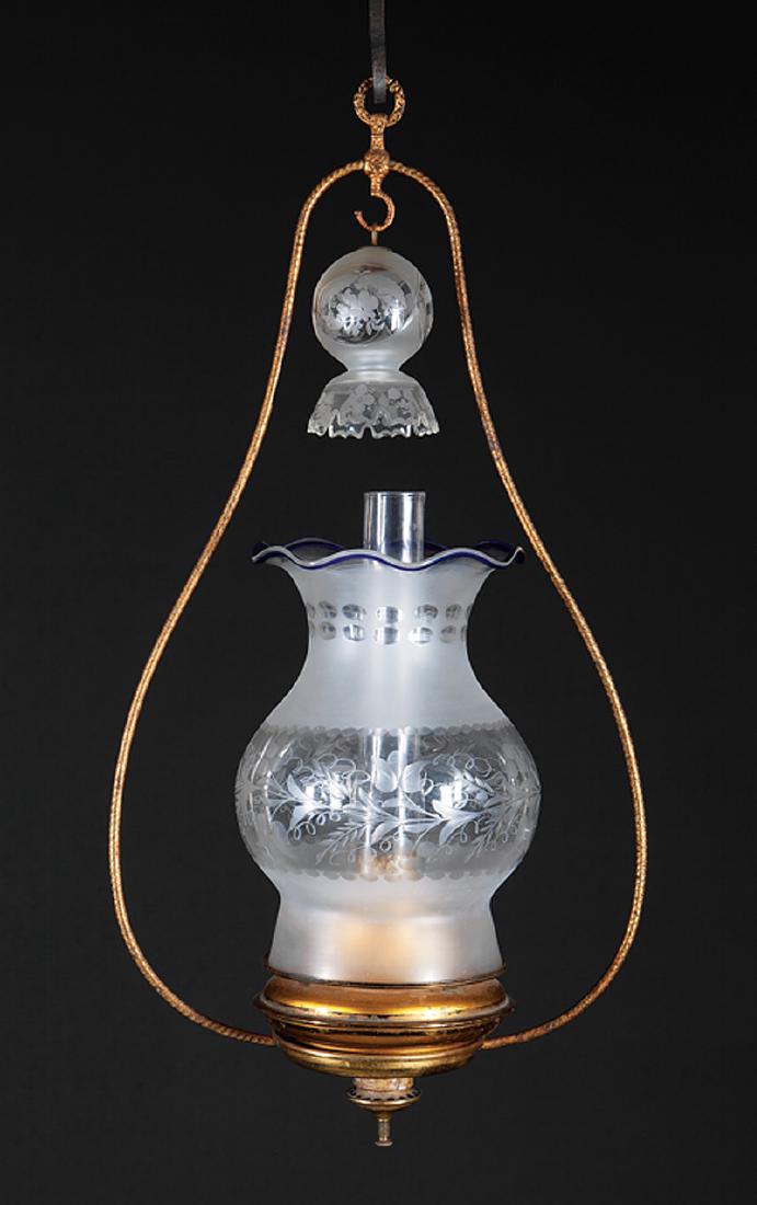 American Gilt Metal Hanging Solar Lamp: American Gilt Metal Hanging Solar Lamp, c. 1850, harp form, baluster shade with ruffled blue rim, wheel-cut smoke bell, h. 28 in. Provenance: The Service Collection, Estate of Grant A. Oakes, Warren, 