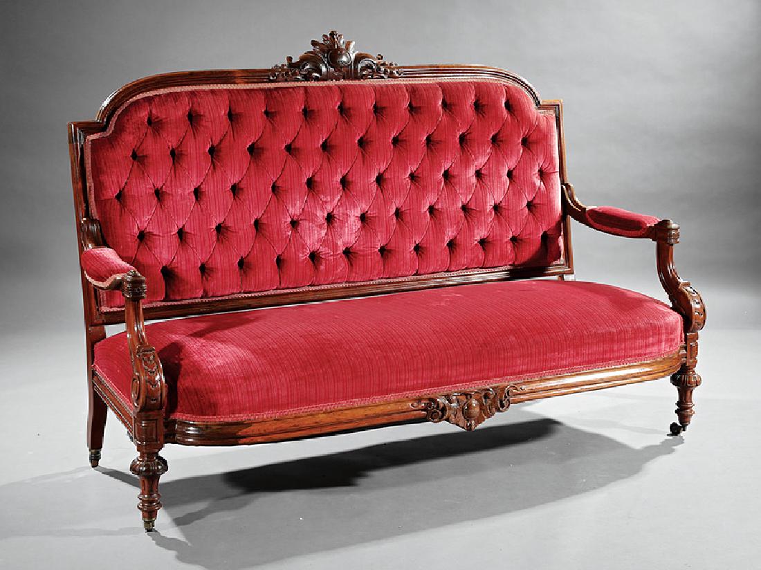 American Renaissance Carved Rosewood Parlor Suite: American Renaissance Carved Rosewood Parlor Suite, mid-19th c., attr. to Alexander Roux, New York, incl. pair of settees and four side chairs, shaped crest rails with foliate cartouche, scrolled uprig