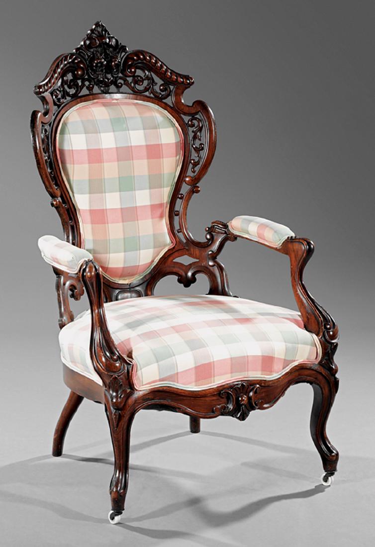 Carved and Laminated Rosewood Parlor Suite, Meeks: American Carved and Laminated Rosewood Parlor Suite, 19th c., by J. and J.W. Meeks, New York, in the "Stanton Hall" pattern, incl. sofa, armchair and 2 side chairs, armchair h. 44 1/2 in., w. 26 in., 