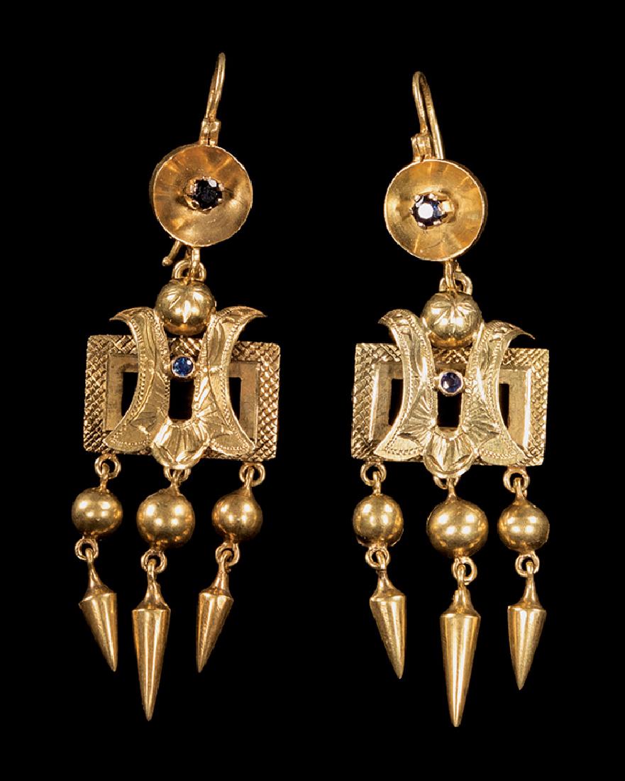 Yellow Gold and Sapphire Pendant Earrings: Pair of Victorian-Style 14 kt. Yellow Gold and Sapphire Pendant Earrings, each set with 2 small faceted sapphires, wire backs, made in Portugal