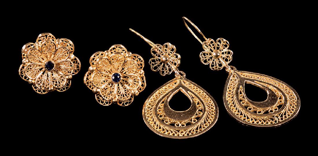 Two Pair of 14 kt. Yellow Gold Earrings: Two Pair of 14 kt. Yellow Gold Earrings of Middle Eastern Design, unmarked, tested 14 kt., one pair pear shaped pendants with wire backs, the other pair circular stud earrings with post backs