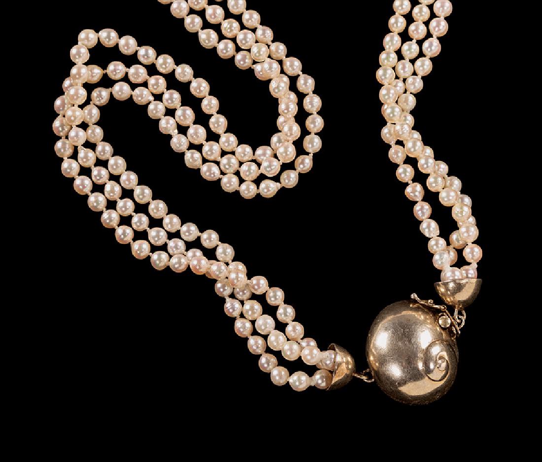 Mignon Faget Freshwater Pearl Necklace: Mignon Faget Freshwater Pearl Necklace, triple strand of 5 mm. pearls, sterling silver vermeil clasp, approx. l. 32 in