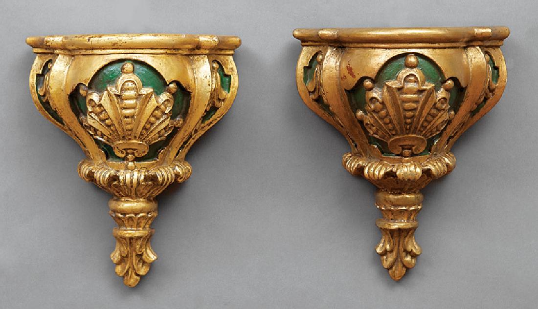 Pair of Polychrome, Gesso and Giltwood Wall Brackets: Pair of Polychrome, Gesso and Giltwood Wall Brackets, 20th c., green ground with carved acanthus motif, h. 11 in., w. 9 1/4 in., d. 6 in