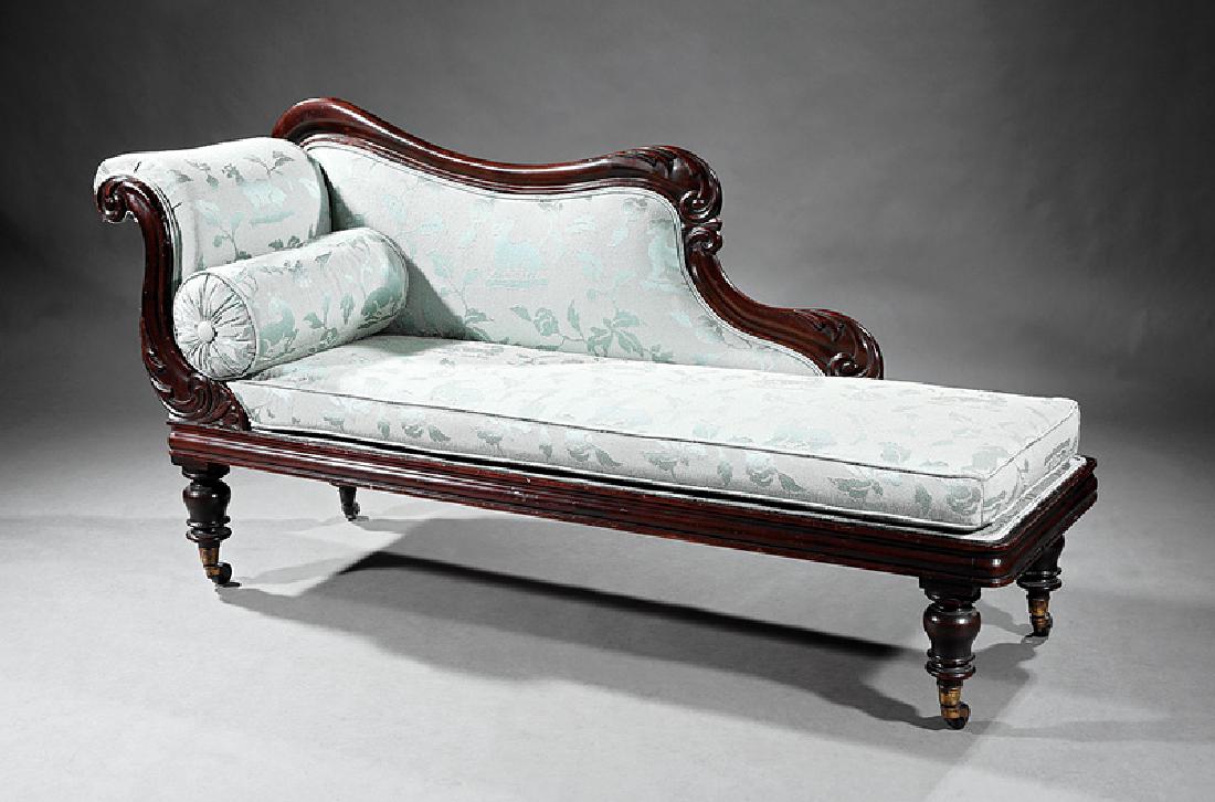 William IV Carved Mahogany Meridienne: William IV Carved Mahogany Meridienne, foliate scrolled back and arm, ovolo seat rail, turned legs, casters, h. 34 1/2 in., w. 72 in., d. 22 in