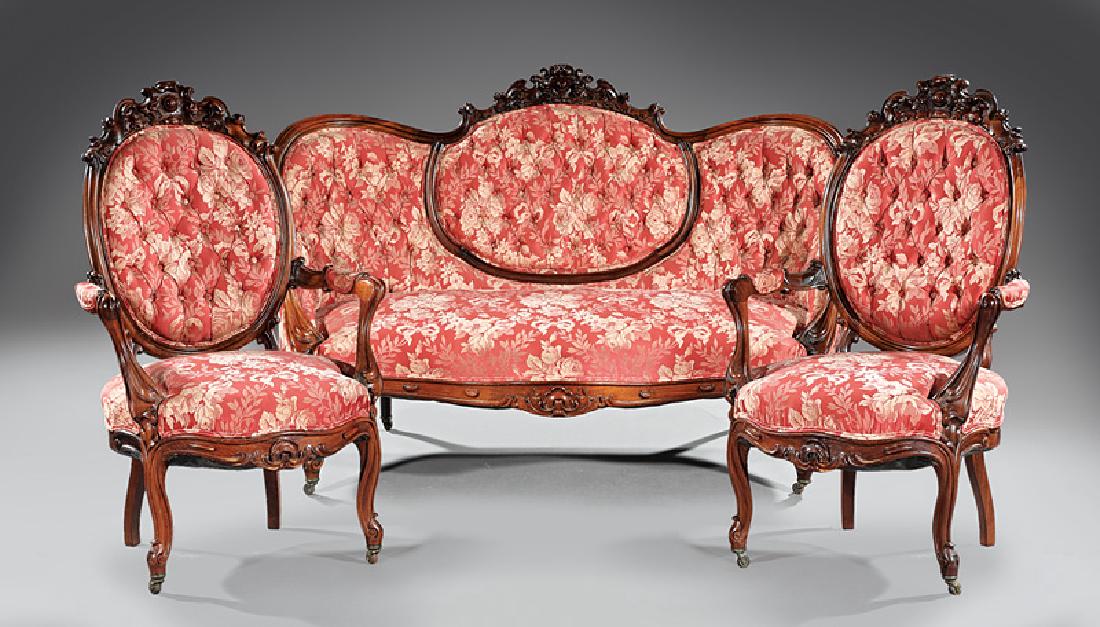 American Rococo Carved Rosewood Parlor Suite: Fine American Rococo Carved Rosewood Parlor Suite, c. 1850, probably New Orleans, incl. pair of medallion back settees, pair of armchairs and 3 side chairs; cartouche carved crests with scrolled folia