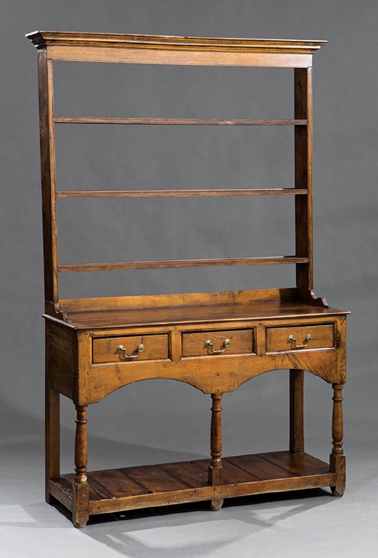 Oak Welsh Dresser: Antique Oak Welsh Dresser, 19th c., molded cornice, three plate shelves, base with three drawers, turned supports, stretcher shelf, block feet, h. 78 1/2 in., w. 51 in., d. 17 1/2 in