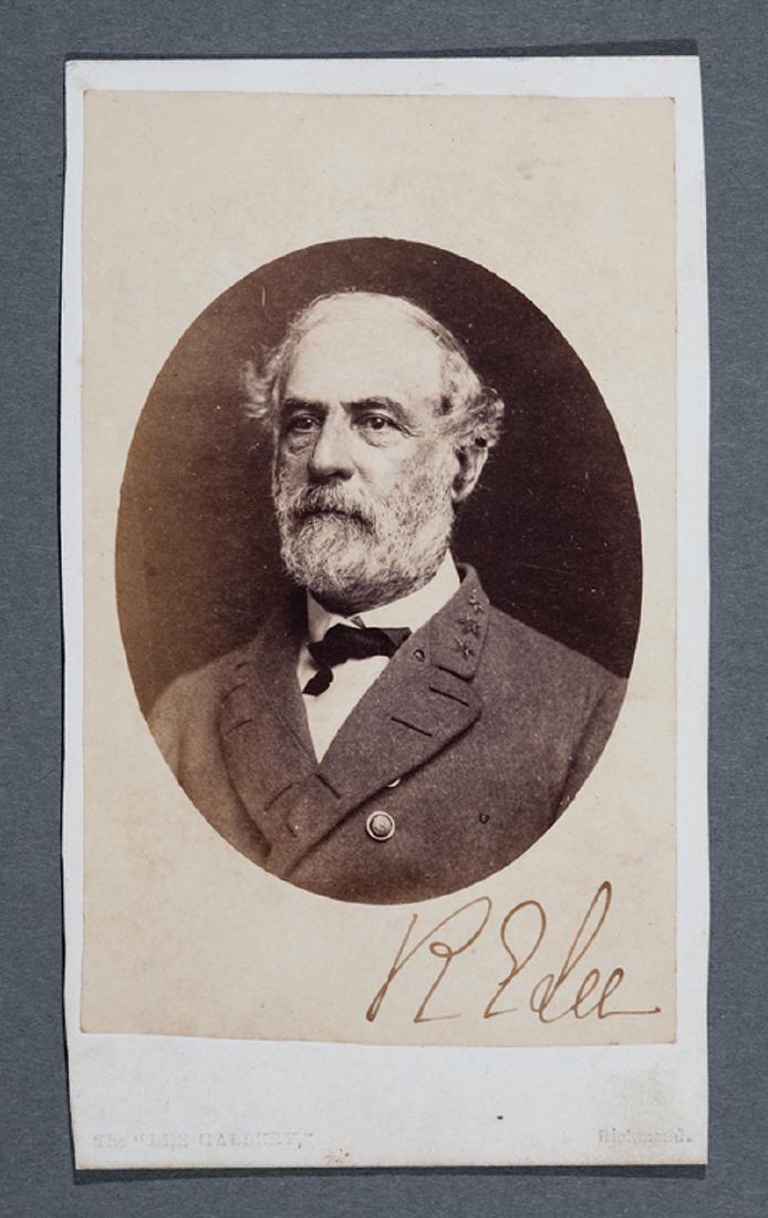 Signed Carte de Visite of Robert E. Lee: Signed Carte de Visite of Robert E. Lee, c. 1865-68, printed by Davies, Richmond, Lee Gallery back stamp, using the original 1864 negative by Vannerson, signed in ink by Lee. Provenance: With Mary Jon