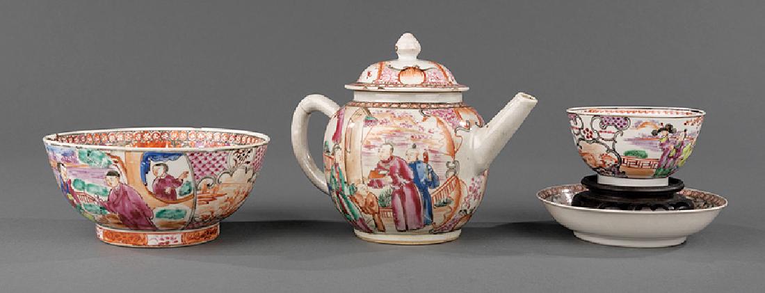 Chinese Export Porcelain Table Items: Four Chinese Export "Mandarin" Palette Porcelain Table Items, late 18th c., incl. saucer, dia. 4 3/4 in.; cup, dia. 3 1/2 in.; bowl, dia. 5 1/2 in.; and covered teapot, h. 3 3/4 in., w. 7 1/4 in. Prov