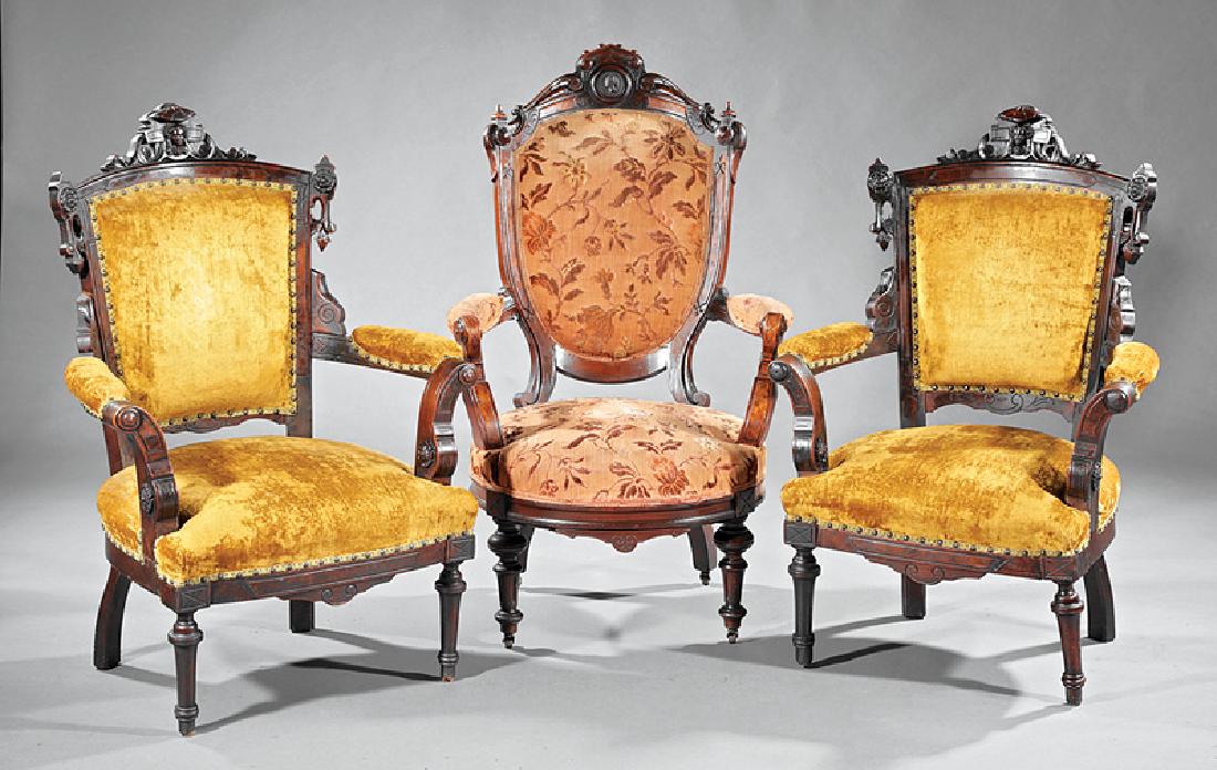 American Carved and Burl Walnut Armchairs: Pair of American Renaissance Carved and Burl Walnut Armchairs, mid-19th c., probably John Jelliff, Newark, NJ, h. 41 in., w. 26 in., d. 22 in.; together with a closely related armchair, h. 44 in., w.