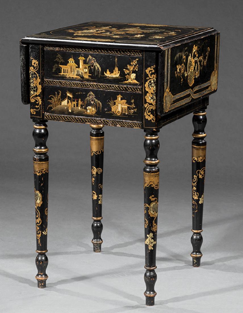 Chinoiserie Decorated Work Table: Chinoiserie Decorated Work Table, 19th c., possibly Holland or London, silver and gilt decoration on black ground, drop-leaf top, two satinwood lined drawers, turned tapered legs, h. 28 1/2 in., w. (c