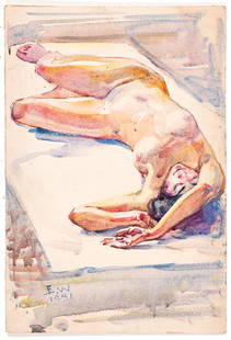 Ellsworth Woodward (American/New Orleans, 1861): Ellsworth Woodward (American/New Orleans, 1861-1939), "Reclining Female Nude", 1931, "Seated Female Nude", "Female Nude Seated on Chaise Longue" and "Female Nude Kneeling", 4 watercolors on board, eac