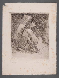 Ellsworth Woodward (American/New Orleans, 1861): Ellsworth Woodward (American/New Orleans, 1861-1939), "Atropos (Greek Fate, Boyer 6)", preliminary pencil drawing together with etching on paper, former initialed "E.W." mid-right and titled lower cen