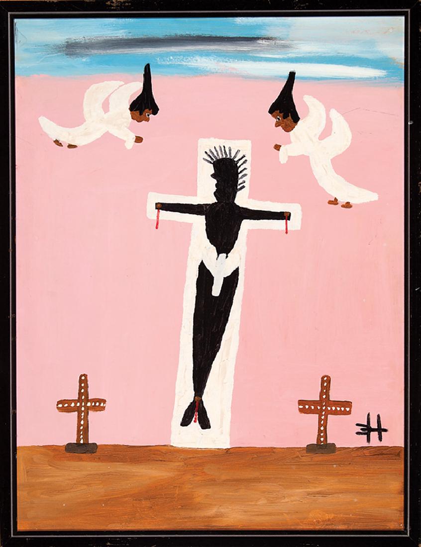Clementine Hunter (American/Louisiana, 1886-1988): Clementine Hunter (American/Louisiana, 1886-1988), "Crucifixion: Black Jesus", oil on board, monogrammed lower right, "The Fortier Gallery, New Orleans" card en verso, 23 1/2 in. x 18 in., framed. Pro