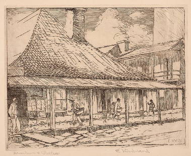 Ellsworth Woodward (American/Louisiana, 1861): Ellsworth Woodward (American/Louisiana, 1861-1939), "Ursuline + Chartres; Corner of Ursuline, 1040 Chartres (Boyer 16, fig. 14)", 1931, etching on paper, pencil-signed and titled lower margin, initial
