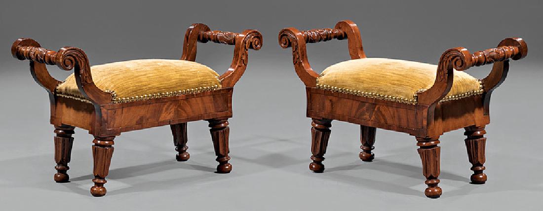 American Classical Carved Mahogany Footstools: Pair of American Classical Carved Mahogany Footstools, early 19th c., acanthus scrolled uprights, tapered legs, button feet, h. 13 1/2 in., w. 21 1/2 in., d. 8 3/4 in