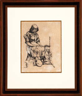 Ellsworth Woodward (American/New Orleans, 1861): Ellsworth Woodward (American/New Orleans, 1861-1939), "Clotho (Boyer 83, fig. 43, The Spinner)", etching on paper, pencil-signed and titled lower margin, initialed "E.W." in plate, 9 3/4 in. x 8 in.,