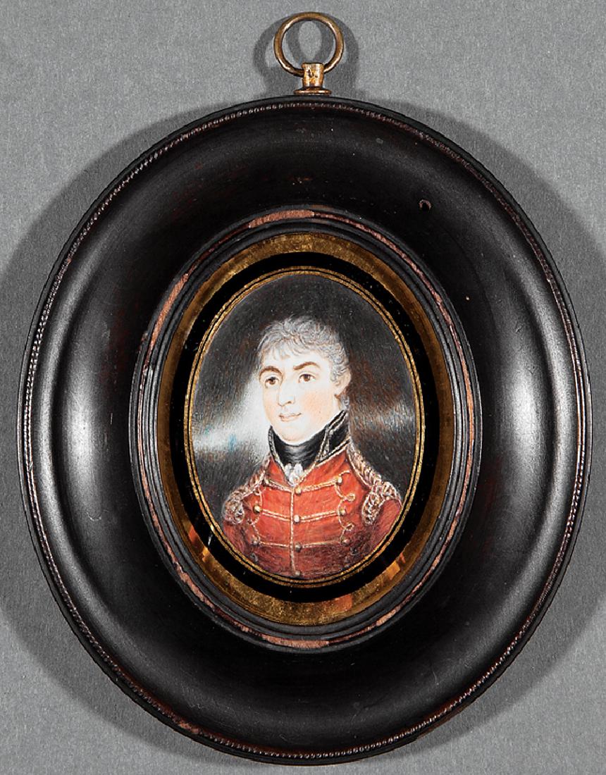 British School, 19th c: British School, 19th c., "Portrait of a British Officer", watercolor miniature, unsigned, sight 2 1/4 in. x 1 3/4 in., period frame