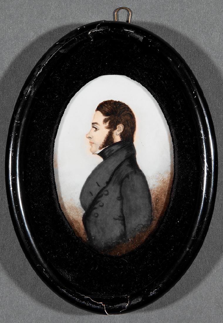 Continental or British School, late 19th c: Continental or British School, late 19th c., "Miniature of a Gentleman with Mutton Chop Sideburns", oil on porcelain, unsigned, "W.G. & Co., France" stamp and pencil-inscribed "Johnston" en verso, 4 i