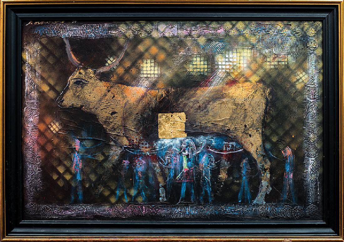Noel Rockmore (American/Louisiana, 1928-1995): Noel Rockmore (American/Louisiana, 1928-1995), "Golden Bull: Ancient Egyptian Series", 1990, acrylic, gold leaf and mixed media on canvas, signed and dated upper left, artist label signed and dated en