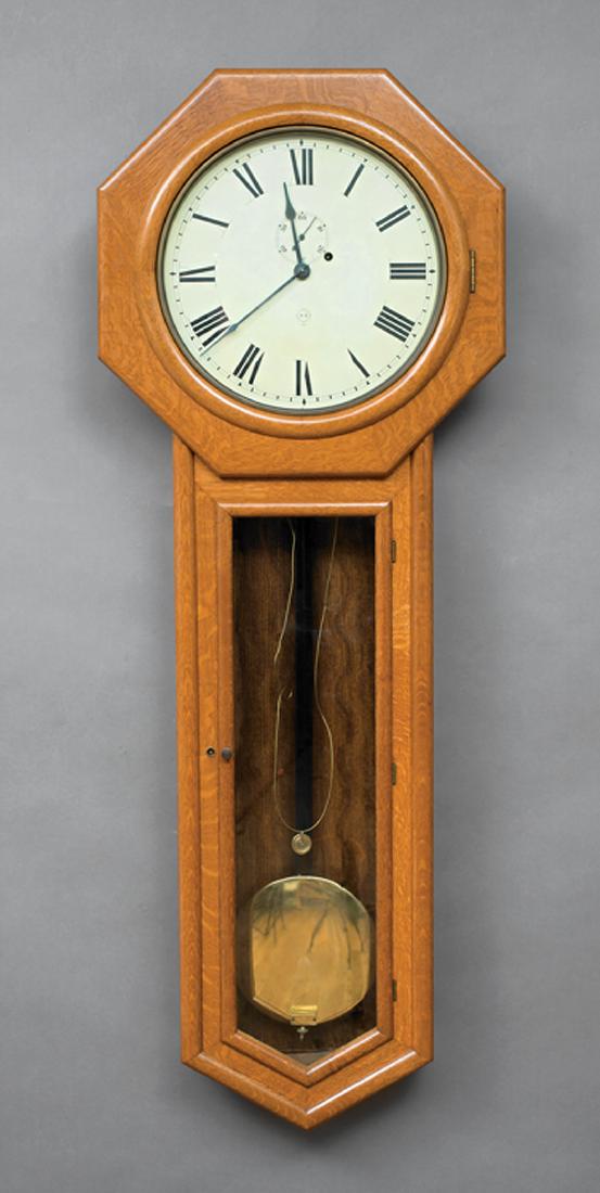 Seth Thomas Oak Regulator No. 18 Clock: Seth Thomas Oak Regulator No. 18 Clock, c. 1900, 14 1/2 in. dial marked "S.T. U.S.A.", single weight, h. 554 in., w. 20 in., d. 5 in