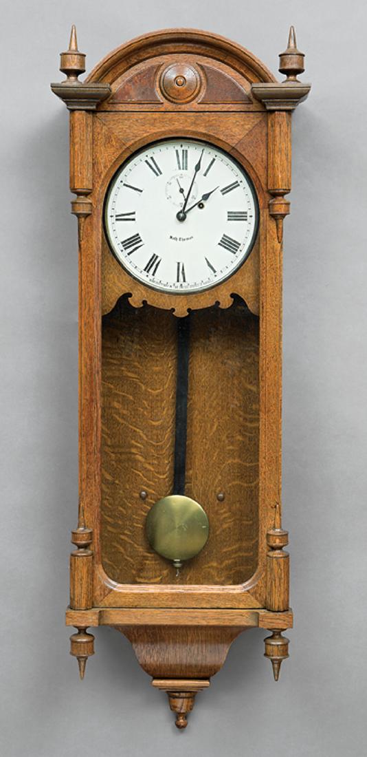 Seth Thomas Oak Regulator No. 6 Clock: Seth Thomas Oak Regulator No. 6 Clock, c. 1884, 10 inch dial marked "Seth Thomas/ Manufactured in the United States of America", h. 48 in., w. 16 3/4 in., d. 7 1/2 in