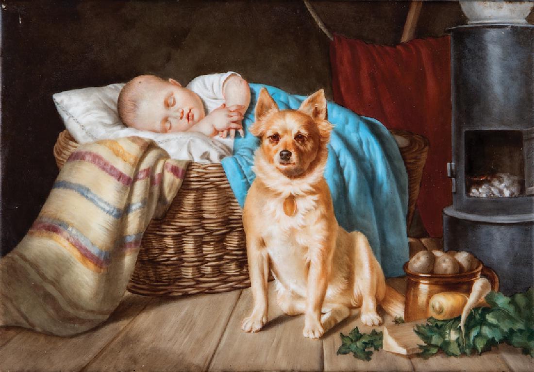 Austrian Polychrome Porcelain Plaque: Austrian Polychrome Porcelain Plaque, "Der Treue Wachter (The Faithful Guardian)", c. 1895, after Karl Eugene Felix (Austrian, 1837-1906), 7 in. x 10 in., unframed