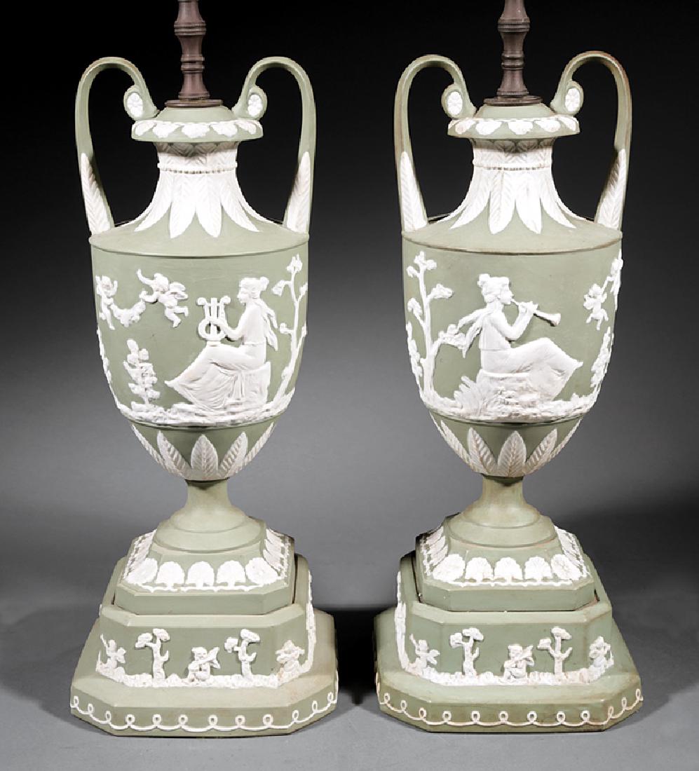 Pair of Green Jasperware Lamps: Pair of Green Jasperware Lamps, urn form, with Classical reliefs, h. (to socket) 22 in