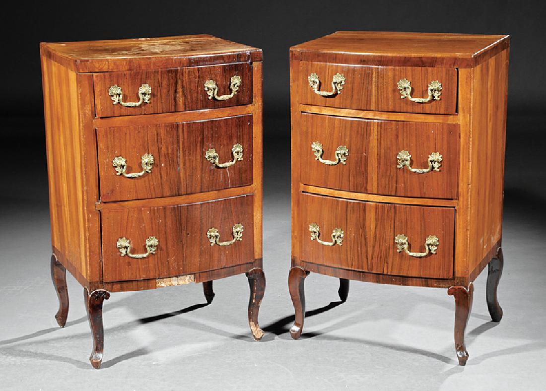 Antique Italian Walnut Bowfront Petite Commodes: Pair of Antique Italian Walnut Bowfront Petite Commodes, three graduated drawers, cabriole legs. Provenance: Estate of Janice Lane Young, Richmond, VA