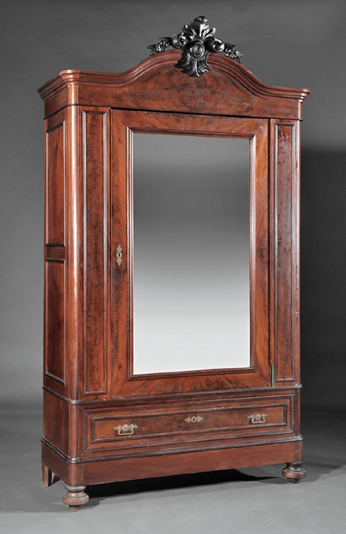 American Rococo Carved Mahogany Armoire: American Rococo Carved Mahogany Armoire, c. 1850, arched cornice with cabochon crest, single mirror door, plinth drawer on bulbous turned feet, h. 96 3/8 in., w. 52 1/4 in., d. 20 1/2 in