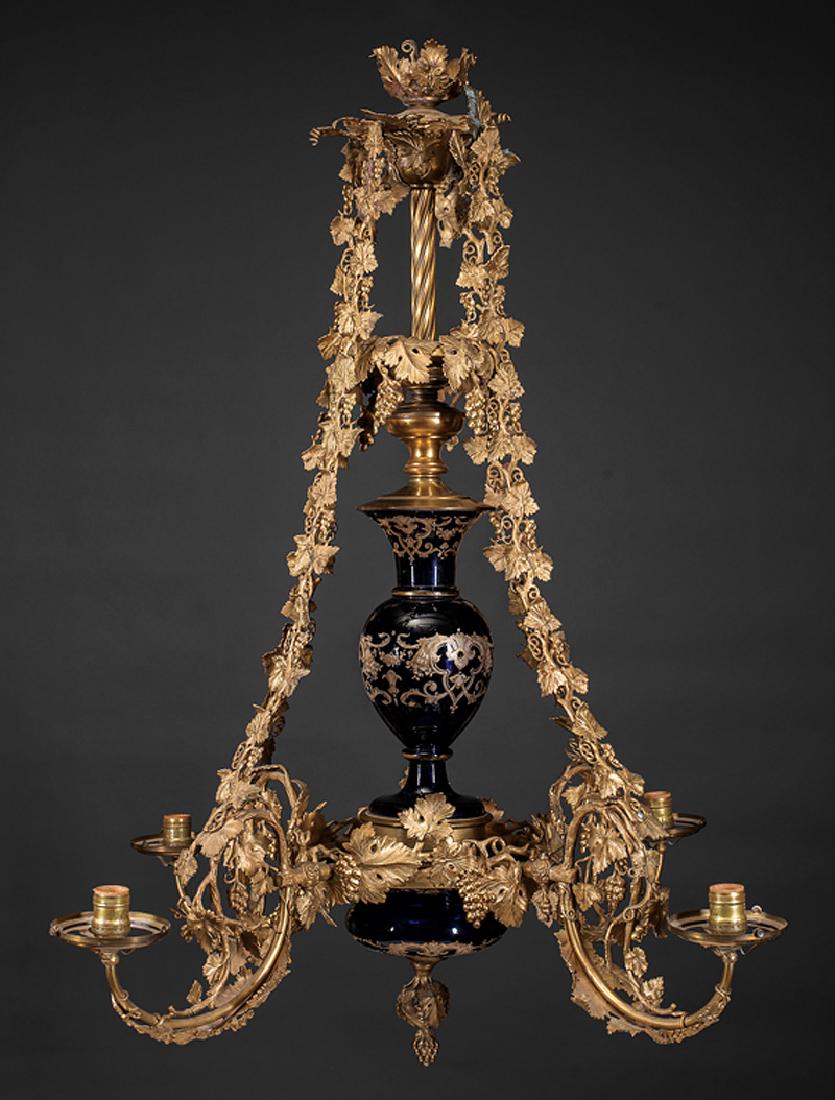 Archer & Warner Four-Light Gasolier: American Rococo Gilt Bronze and Enameled Cobalt Glass Four-Light Gasolier, mid-19th c. Archer & Warner, Philadelphia, chains marked, chains, arms and standard with vintage decoration, cobalt blue glas