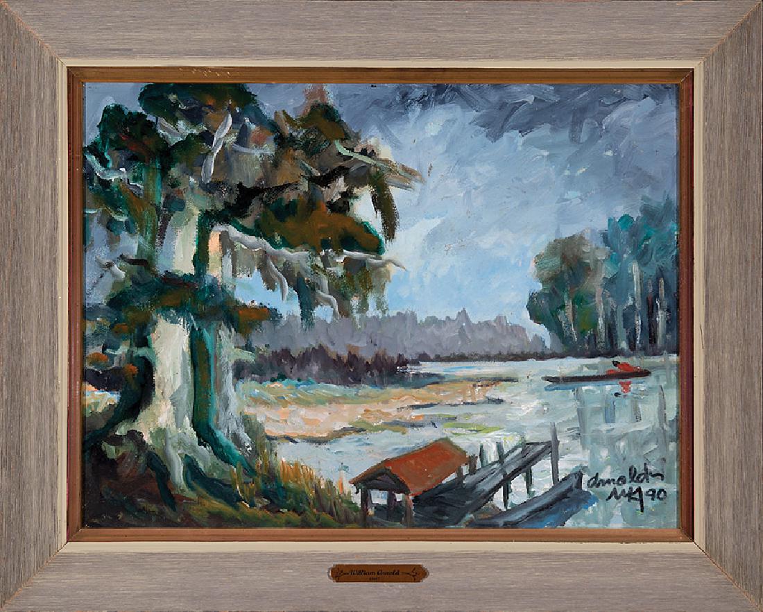 William Arnold (American/Louisiana, 1902-2006): William Arnold (American/Louisiana, 1902-2006), "Bayou Fishing Pier", 1990, oil on canvas board, signed, monogrammed and dated lower right, signed, monogrammed, dated and "Taylor Clark, Fine Prints, P