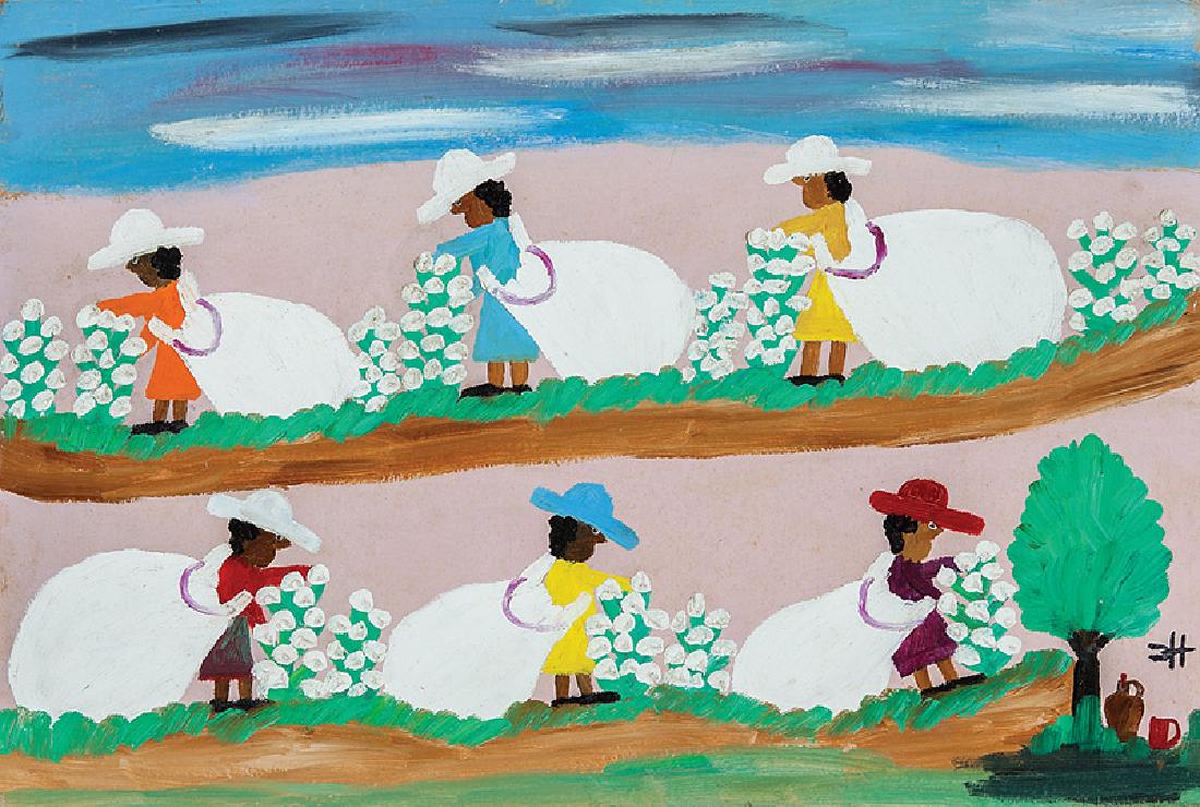 Clementine Hunter (American/Louisiana, 1886-1988): Clementine Hunter (American/Louisiana, 1886-1988), "Pickin' Cotton", oil on board, signed lower right, 16 in. x 24 in., unframed