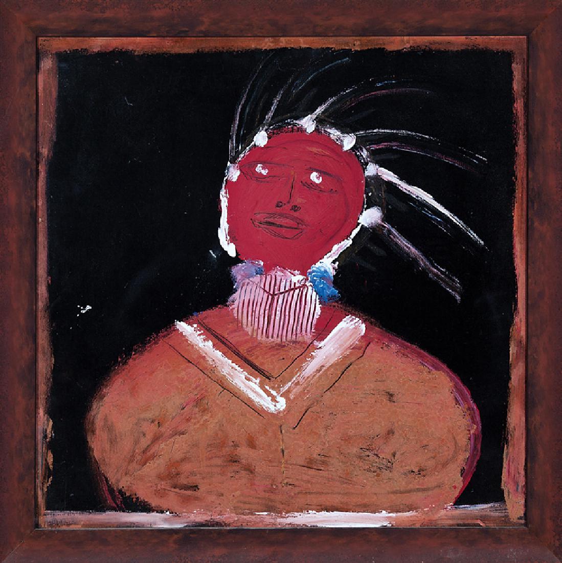 Jimmie Lee Sudduth (American/Alabama, 1910-2007): Jimmie Lee Sudduth (American/Alabama, 1910-2007), "Indian Chief", 2 mixed medias on wood, signed lower center and upper left respectively, 24 in. x 24 in., framed alike. (2 pcs.)